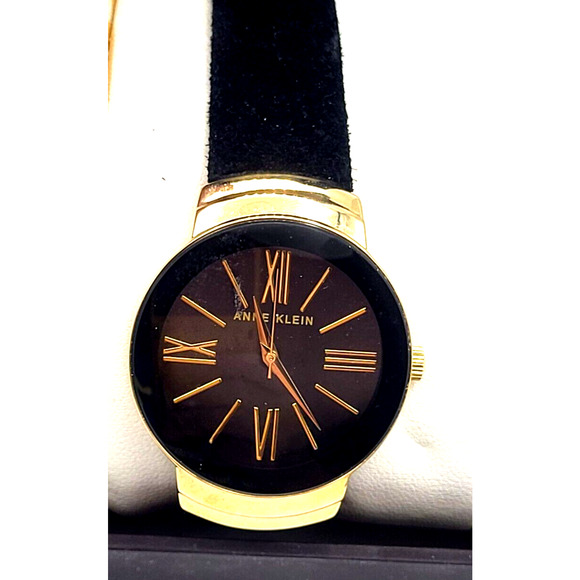 ANNE KLEIN Diamond Collection Watch Black Leather Band Black Dial Gold Letters - Picture 3 of 12